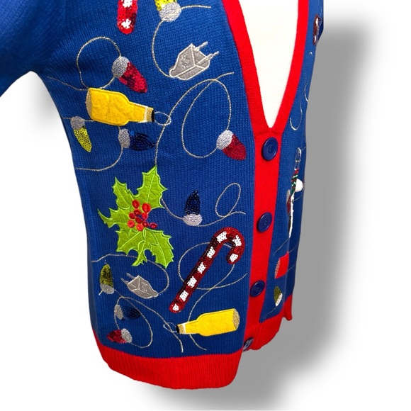 Jolly Sweaters Bright Blue Sequins Ugly Christmas Sweater Bow Tie Pullover Sz M - Picture 5 of 13